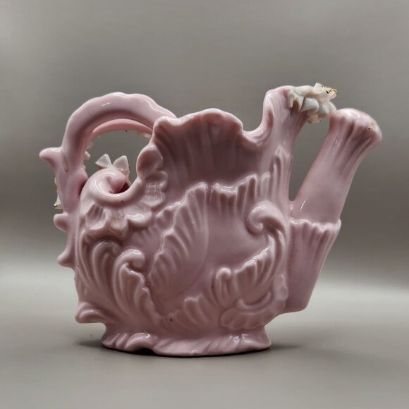 RARE - Pink China Water Pitcher - 3D Design - Floral, Leaves, Lace Stamped on Bo - Picture 5 of 7